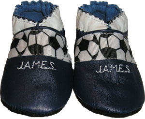 Soccer ball ribbon Crib Shoe with an optional embroidered name for a personalized shoe.