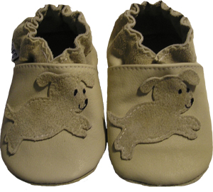 Tan shoe with tan leaping puppy, great neutral design.
