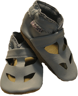 Light blue all leather crib sandal for boys or girls.