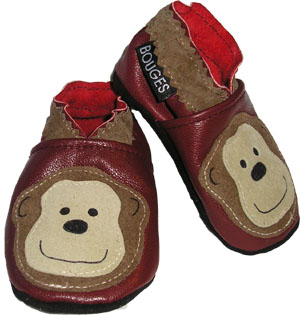 Maroon Monkey Crib Shoe with a tan Monkey Face